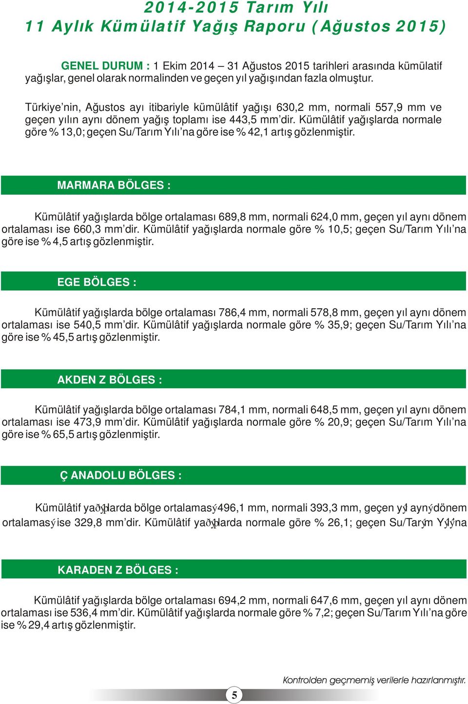 Kümülâtif yağışlarda normale göre % 13,0; geçen Su/Tarım Yılı na göre ise % 42,1 artış gözlenmiştir.