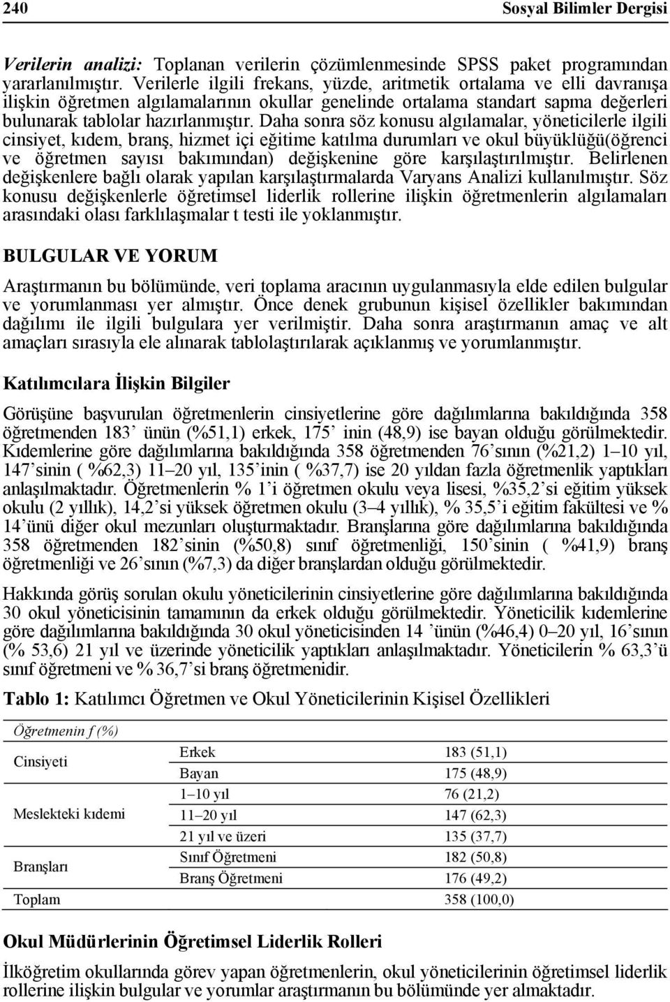 Daha sonra söz konusu algılamalar, yöneticilerle ilgili cinsiyet, kıdem, branş, hizmet içi eğitime katılma durumları ve okul büyüklüğü(öğrenci ve öğretmen sayısı bakımından) değişkenine göre