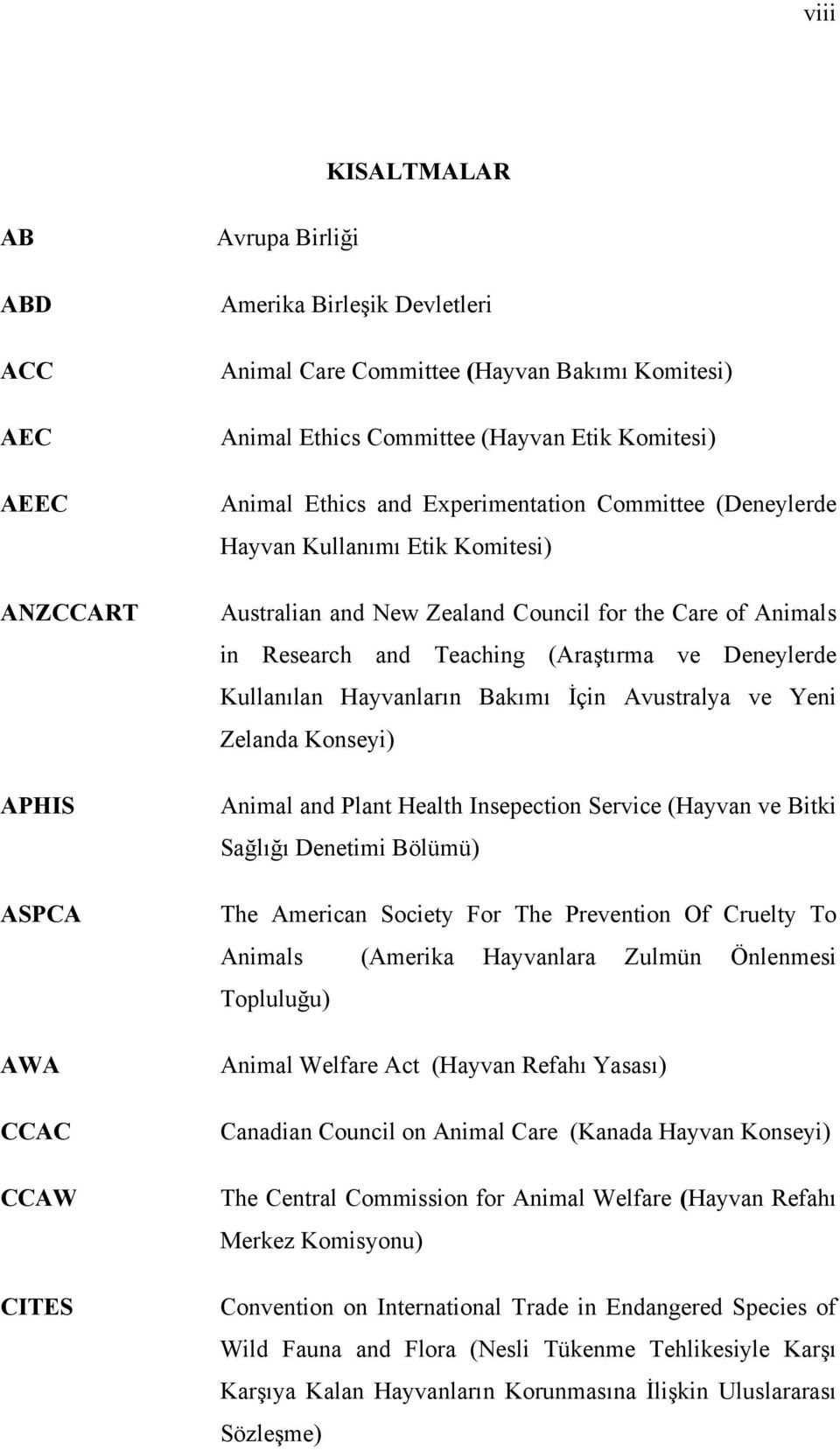 ve Deneylerde Kullanılan Hayvanların Bakımı İçin Avustralya ve Yeni Zelanda Konseyi) Animal and Plant Health Insepection Service (Hayvan ve Bitki Sağlığı Denetimi Bölümü) The American Society For The