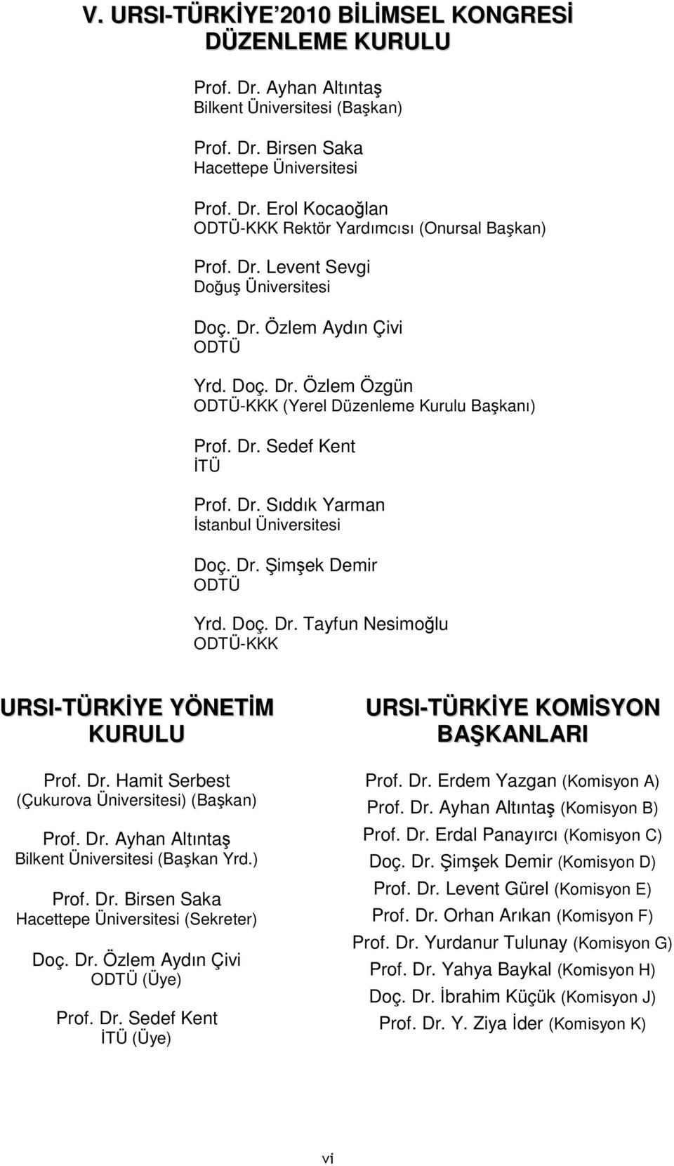 Dr. imşek Demir ODTÜ Yrd. Doç. Dr. Tayfun Nesimoğlu ODTÜ-KKK URSI-TÜRKİYE YÖNETİM KURULU Prof. Dr. Hamit Serbest (Çukurova Üniversitesi) (Başkan) Prof. Dr. Ayhan Altıntaş Bilkent Üniversitesi (Başkan Yrd.