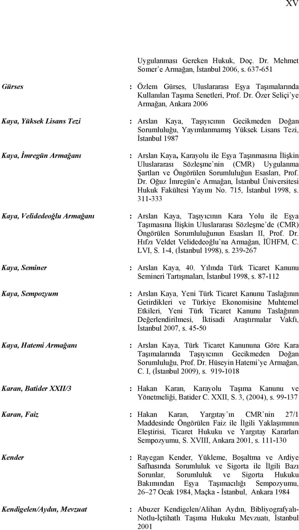 Özer Seliçi ye Armağan, Ankara 2006 Kaya, Yüksek Lisans Tezi : Arslan Kaya, Taşıyıcının Gecikmeden Doğan Sorumluluğu, Yayımlanmamış Yüksek Lisans Tezi, İstanbul 1987 Kaya, İmregün Armağanı Kaya,