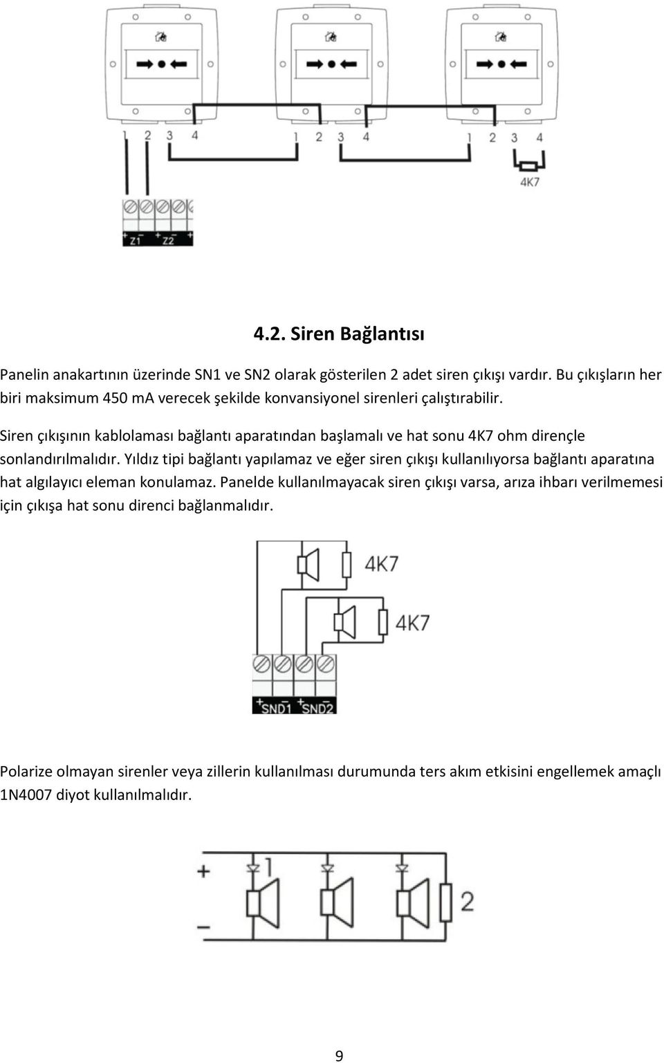 Siren çıkışının kablolaması bağlantı aparatından başlamalı ve hat sonu 4K7 ohm dirençle sonlandırılmalıdır.