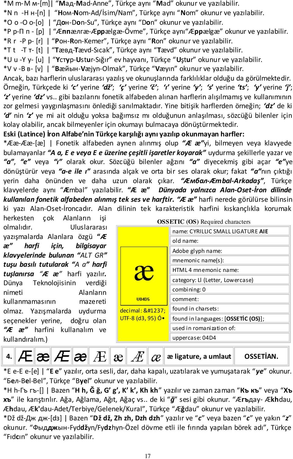 *R r -Р р- *r+ Poн-Ron-Kemer, Türkçe aynı Ron okunur ve yazılabilir. *T t -Т т- *t+ Tæвд-Tævd-Sıcak, Türkçe aynı Tævd okunur ve yazılabilir.