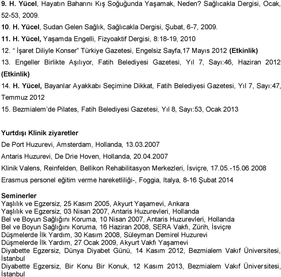 ziran 2012 (Etkinlik) 14. H. Yücel, Bayanlar Ayakkabı Seçimine Dikkat, Fatih Belediyesi Gazetesi, Yıl 7, Sayı:47, Temmuz 2012 15.