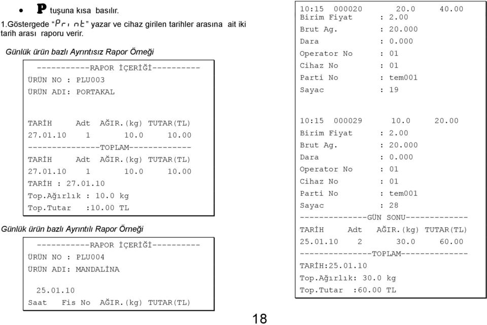 000 Sayac : 19 TARĠH Adt AĞIR.(kg) TUTAR(TL) 27.01.10 1 10.0 10.00 ---------------TOPLAM------------- TARĠH Adt AĞIR.(kg) TUTAR(TL) 27.01.10 1 10.0 10.00 TARĠH : 27.01.10 Top.Ağırlık : 10.0 kg Top.