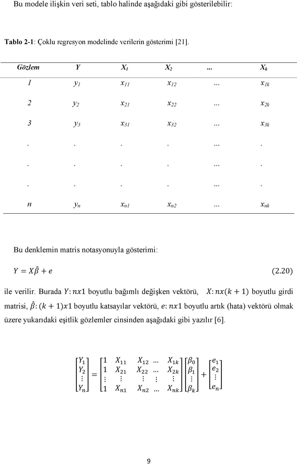 .. x nk Bu denklemin matris notasyonuyla gösterimi: 2.20 ile verilir.