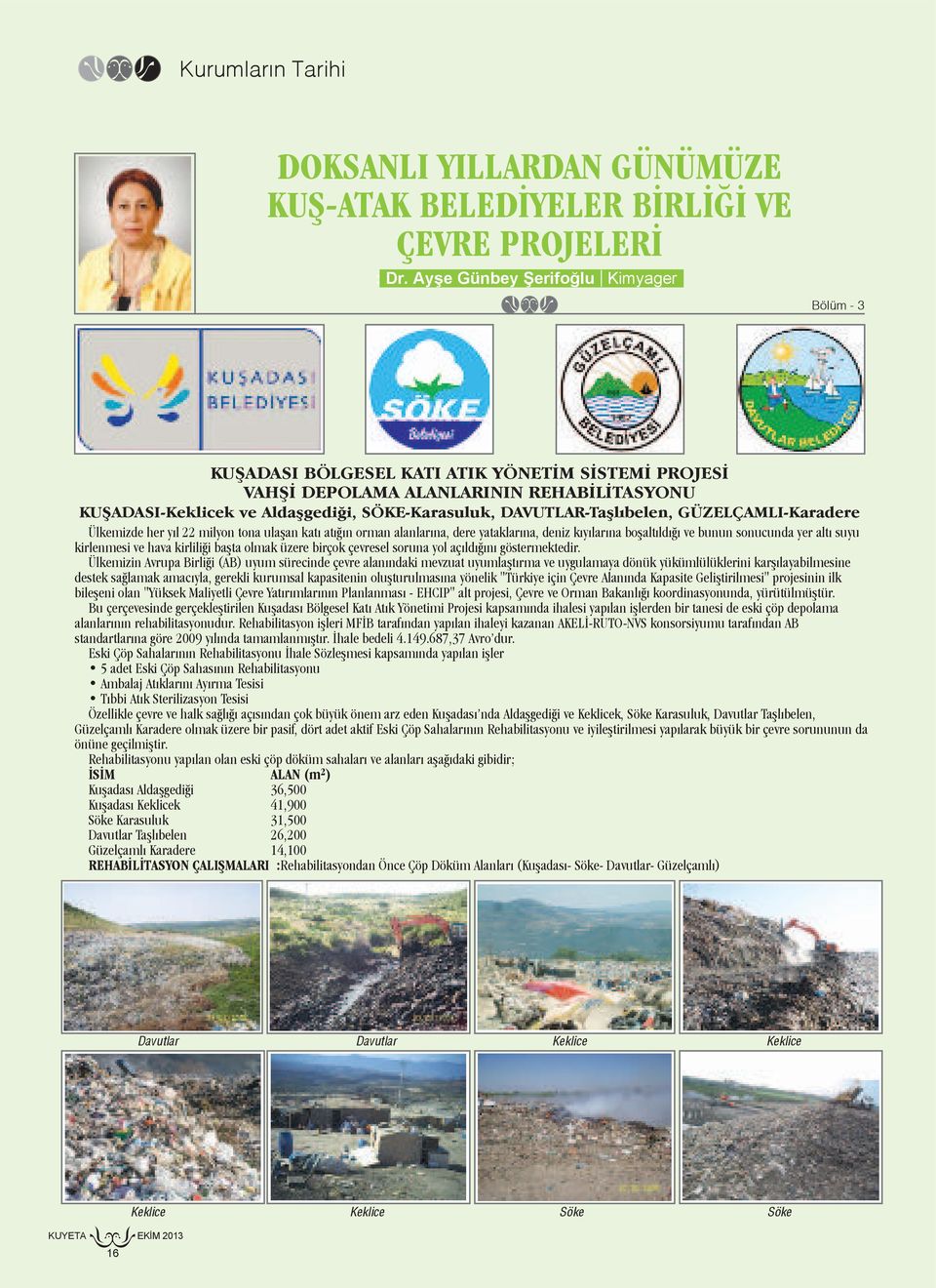 DAVUTLAR-Taşlıbelen, GÜZELÇAMLI-Karadere Ülkemizde her yıl 22 milyon tona ulaşan katı atığın orman alanlarına, dere yataklarına, deniz kıyılarına boşaltıldığı ve bunun sonucunda yer altı suyu