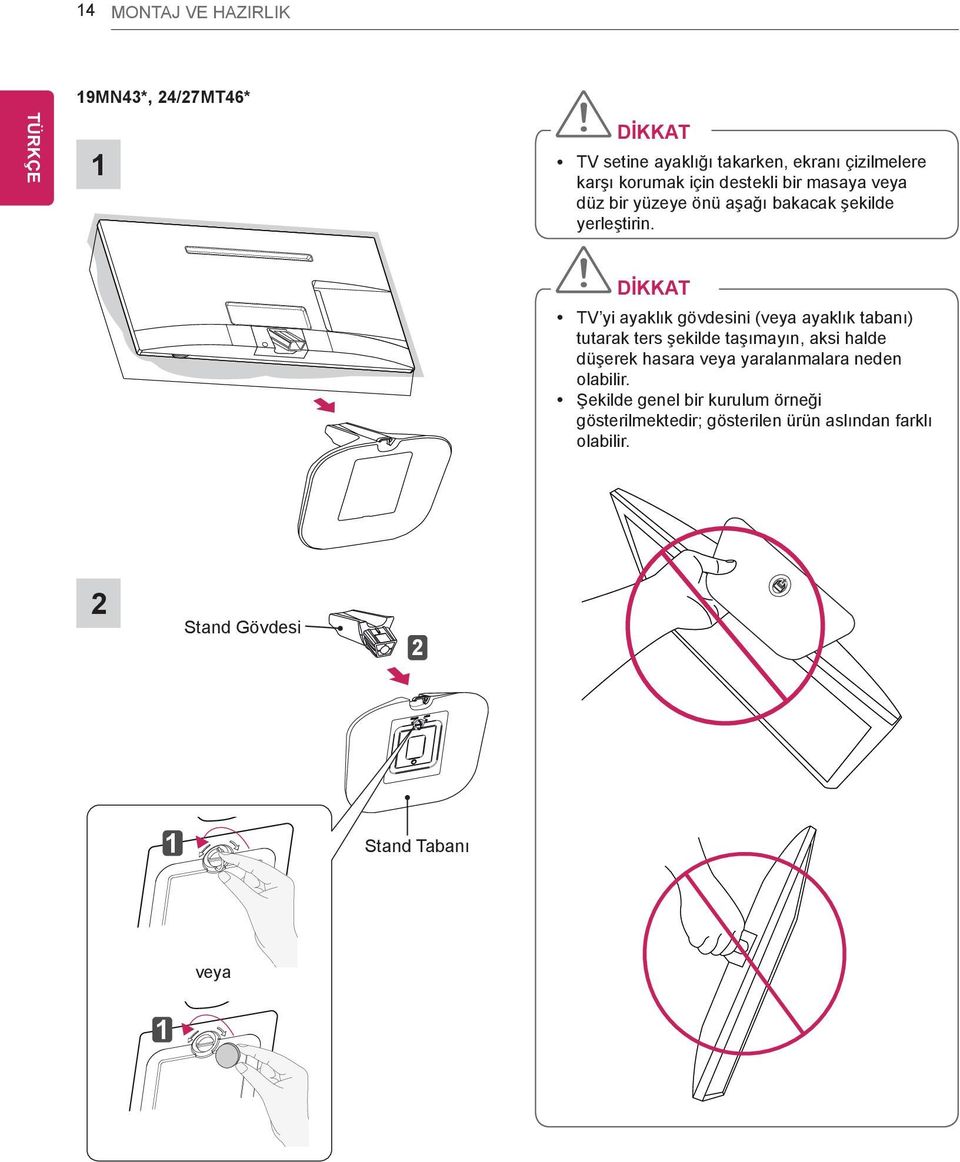 DİKKAT y TV yi ayaklık gövdesini (veya ayaklık tabanı) tutarak ters şekilde taşımayın, aksi halde düşerek hasara veya