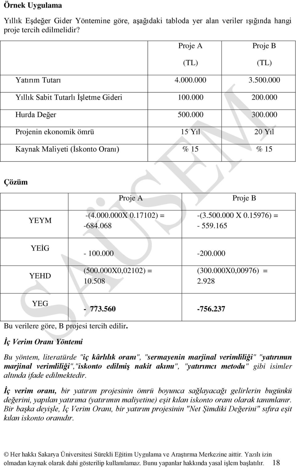 17102) = -684.068 Proje B -(3.500.000 X 0.15976) = - 559.165 YEİG - 100.000-200.000 YEHD (500.000X0,02102) = 10.508 (300.000X0,00976) = 2.928 YEG - 773.560-756.