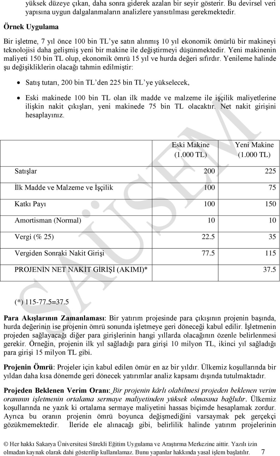 Yeni makinenin maliyeti 150 bin TL olup, ekonomik ömrü 15 yıl ve hurda değeri sıfırdır.