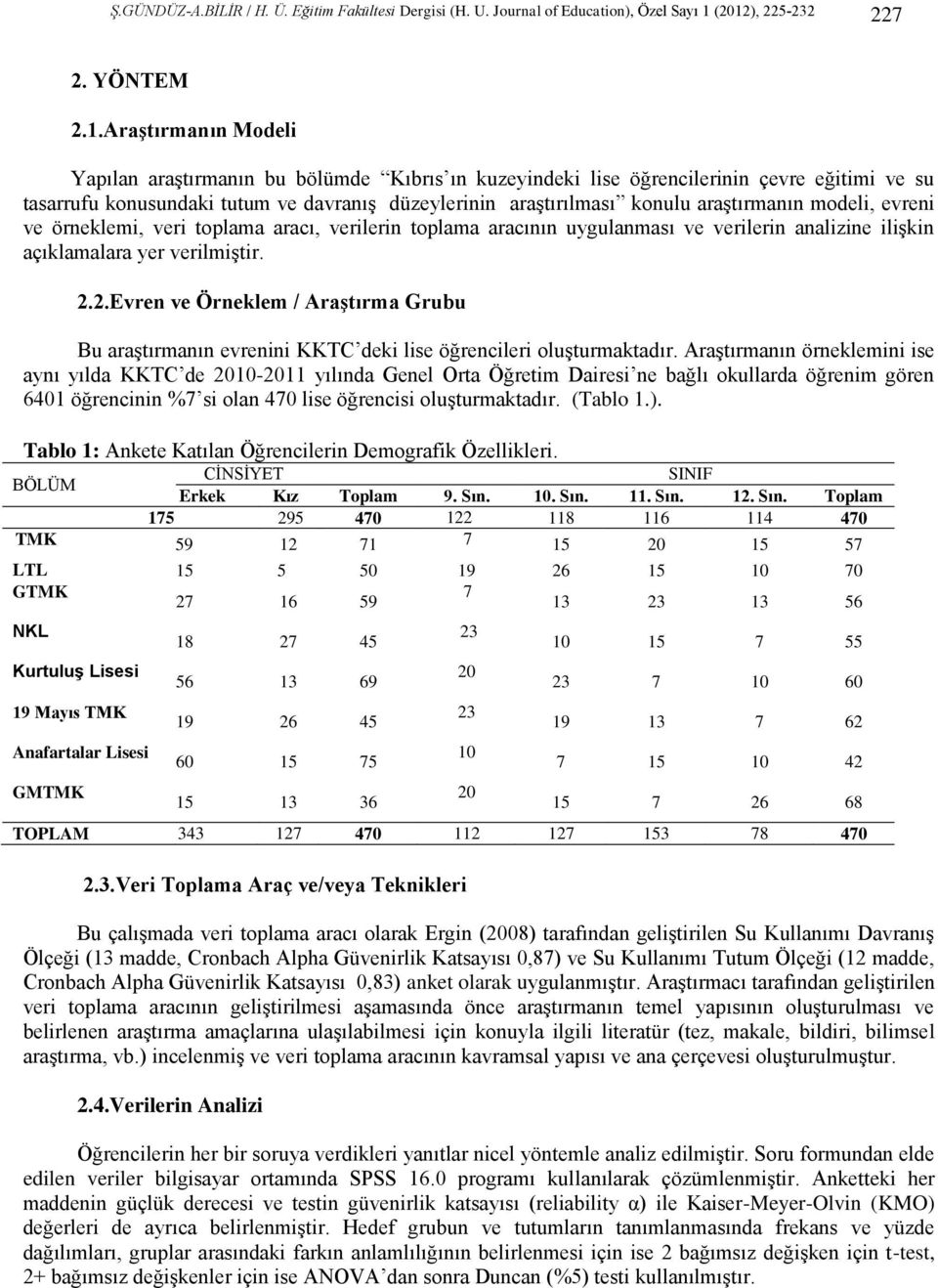 düzeylerinin araştırılması konulu araştırmanın modeli, evreni ve örneklemi, veri toplama aracı, verilerin toplama aracının uygulanması ve verilerin analizine ilişkin açıklamalara yer verilmiştir. 2.