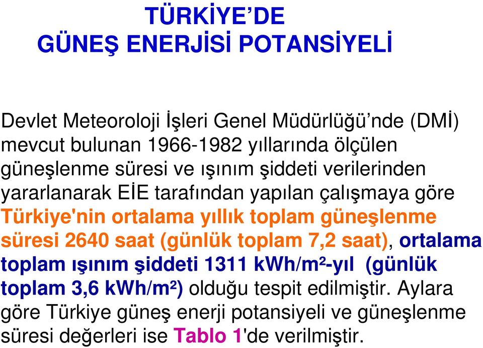 yıllık toplam güneşlenme süresi 2640 saat (günlük toplam 7,2 saat), ortalama toplam ışınım şiddeti 1311 kwh/m²-yıl (günlük toplam