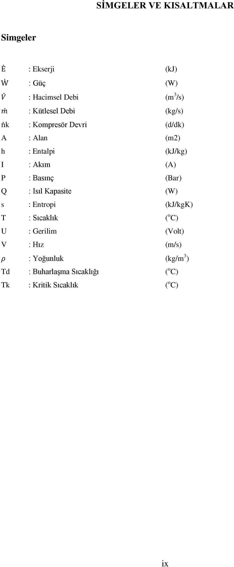 Basınç (Bar) Q : Isıl Kapasite (W) s : Entropi (kj/kgk) T : Sıcaklık ( o C) U : Gerilim (Volt)