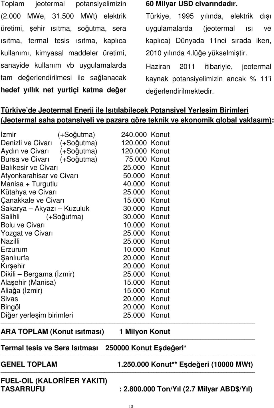 sağlanacak hedef yıllık net yurtiçi katma değer 60 Milyar USD civarındadır. Türkiye, 1995 yılında, elektrik dışı uygulamalarda (jeotermal ısı ve kaplıca) Dünyada 11nci sırada iken, 2010 yılında 4.