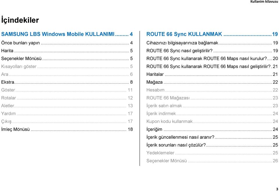 ... 19 ROUTE 66 Sync kullanarak ROUTE 66 Maps nasıl kurulur?... 20 ROUTE 66 Sync kullanarak ROUTE 66 Maps nasıl geliştirilir?. 21 Haritalar... 21 Mağaza... 22 Hesabım... 22 ROUTE 66 Mağazası.