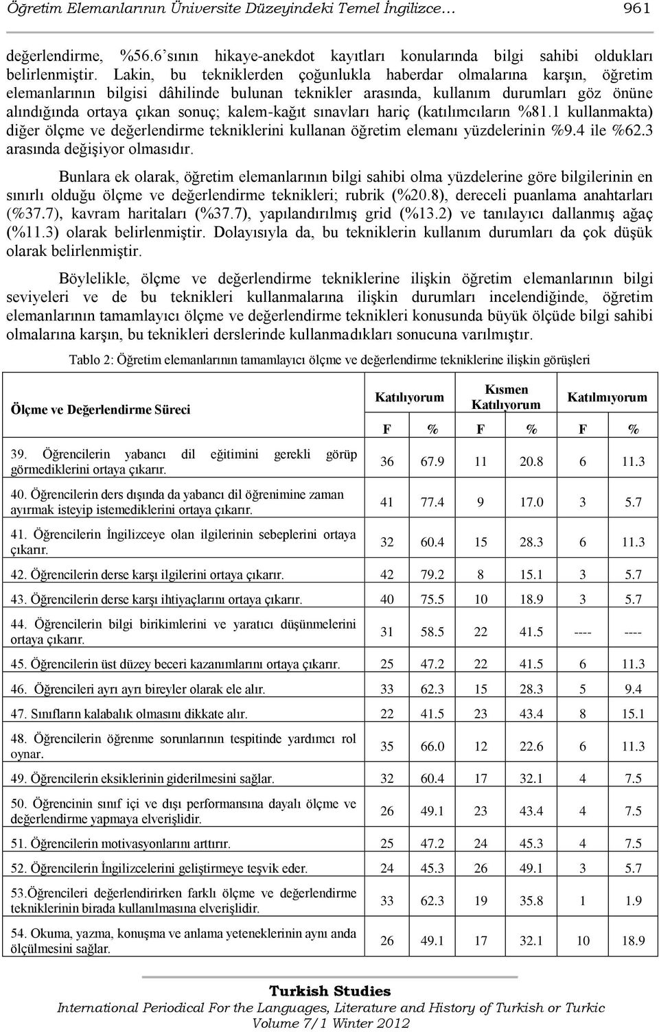 kalem-kağıt sınavları hariç (katılımcıların %81.1 kullanmakta) diğer ölçme ve değerlendirme tekniklerini kullanan öğretim elemanı yüzdelerinin %9.4 ile %62.3 arasında değiģiyor olmasıdır.