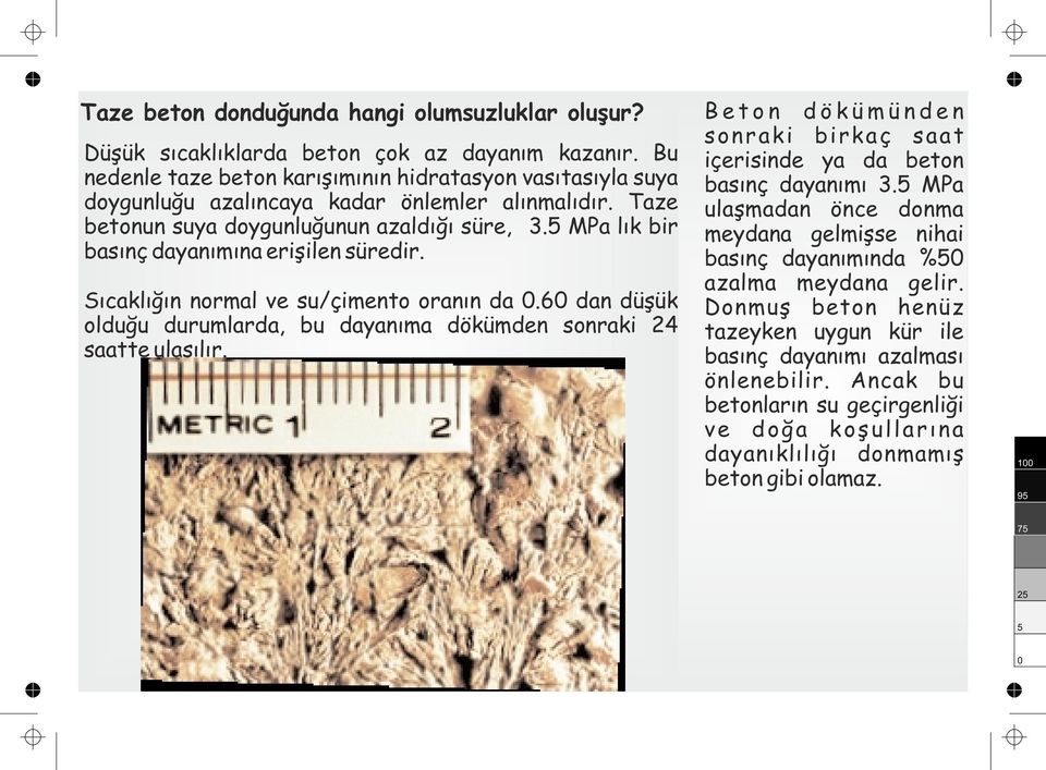 MPa lık bir basınç dayanımına erişilen süredir. Sıcaklığın nrmal ve su/çiment ranın da.6 dan düşük lduğu durumlarda, bu dayanıma dökümden snraki 24 saatte ulaşılır.