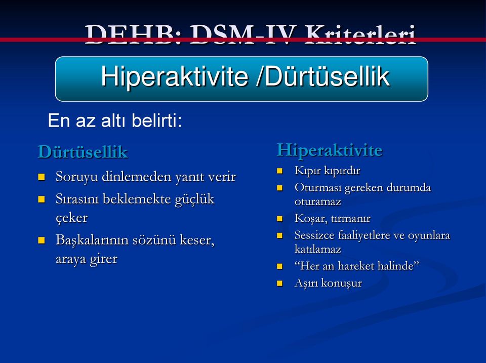 keser, araya girer Hiperaktivite Kıpır kıpırdır Oturması gereken durumda oturamaz