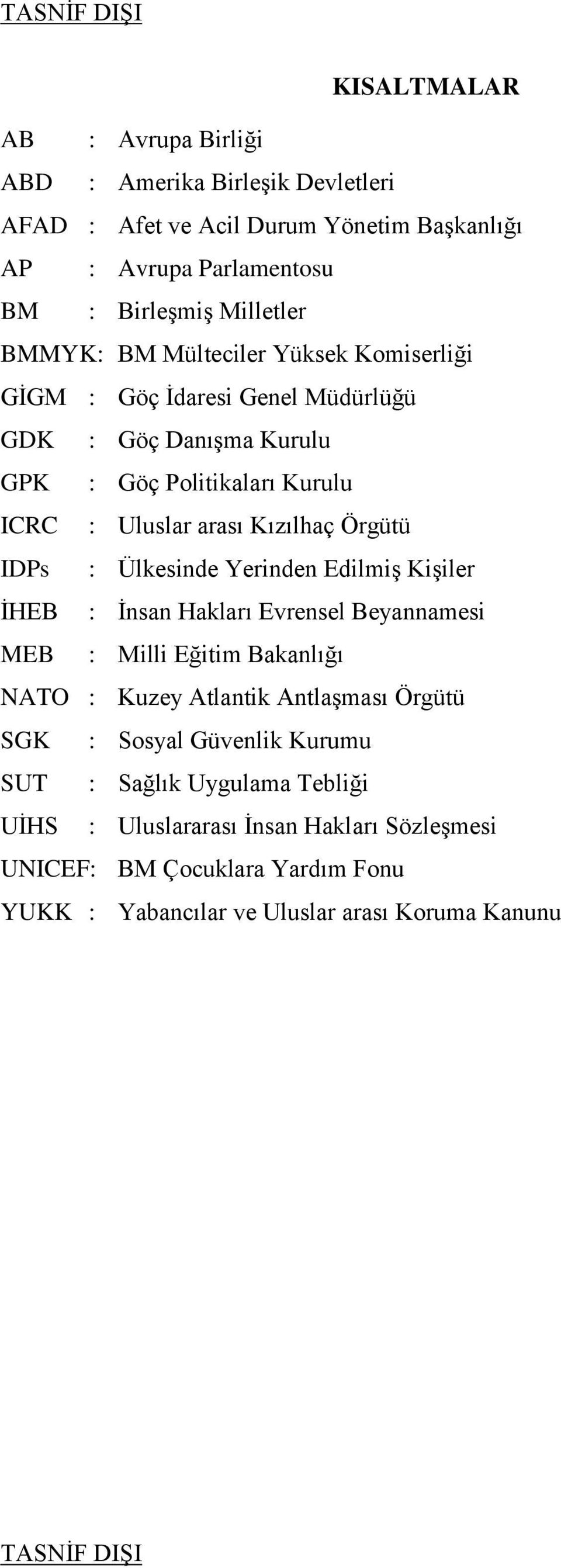 IDPs : Ülkesinde Yerinden Edilmiş Kişiler İHEB : İnsan Hakları Evrensel Beyannamesi MEB : Milli Eğitim Bakanlığı NATO : Kuzey Atlantik Antlaşması Örgütü SGK : Sosyal