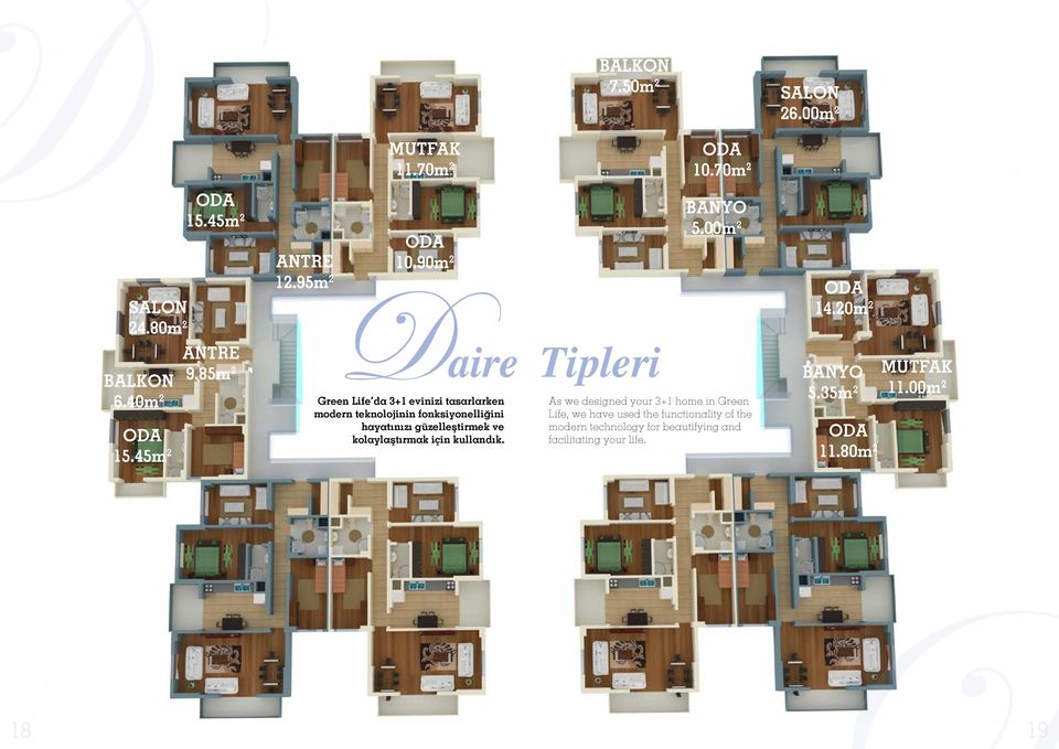 90m 2 Daire Tipleri Green Life da 3+1 evinizi tasarlarken modern teknolojinin fonksiyonelliğini hayatınızı güzelleştirmek ve