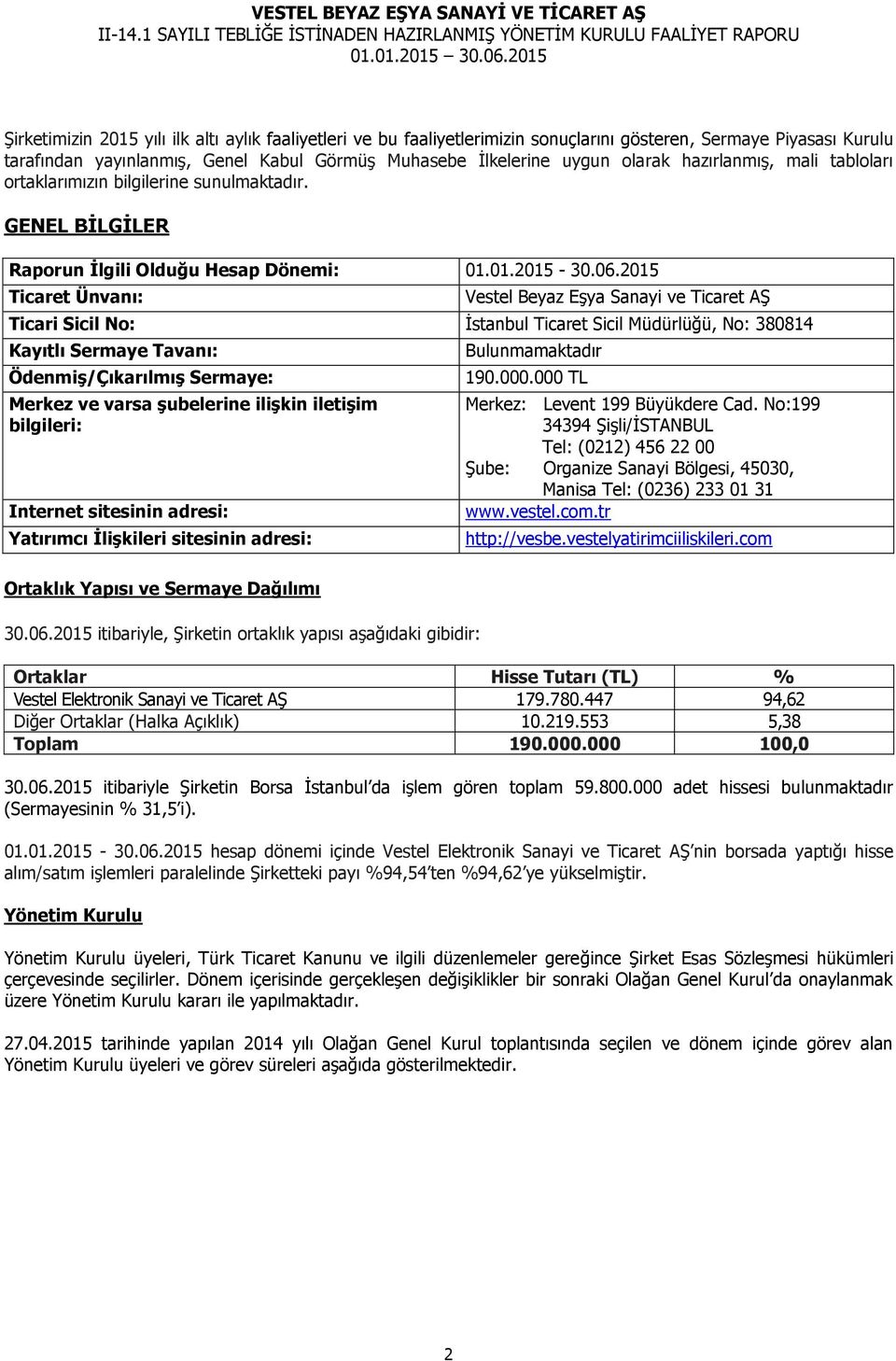 2015 Ticaret Ünvanı: Vestel Beyaz Eşya Sanayi ve Ticaret AŞ Ticari Sicil No: İstanbul Ticaret Sicil Müdürlüğü, No: 380814 Kayıtlı Sermaye Tavanı: Ödenmiş/Çıkarılmış Sermaye: Merkez ve varsa