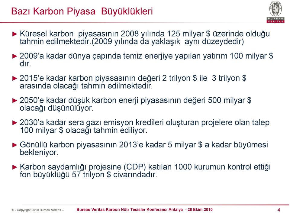 2015 e kadar karbon piyasasının değeri 2 trilyon $ ile 3 trilyon $ arasında olacağı tahmin edilmektedir.