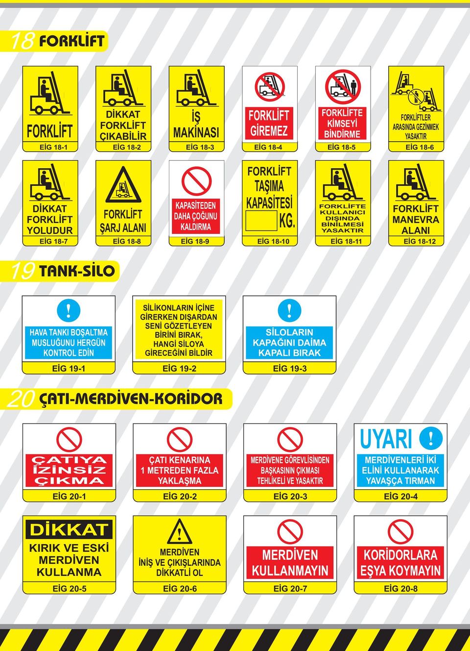 EİG 18-10 FORKLİFTE ICI DIŞINDA BİNİLMESİ EİG 18-11 FORKLİFT MANEVRA ALANI EİG 18-12 19 TANK-SİLO HAVA TANKI BOŞALTMA MUSLUĞUNU HERGÜN KONTROL EDİN EİG 19-1 SİLİKONLARIN İÇİNE GİRERKEN DIŞARDAN SENİ