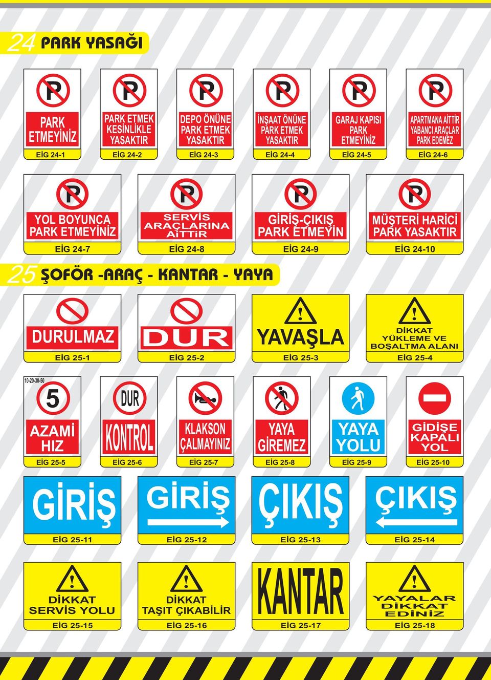 KANTAR - YAYA DURULMAZ EİG 25-1 DUR EİG 25-2 YAVAŞLA EİG 25-3 YÜKLEME VE BOŞALTMA ALANI EİG 25-4 10-20-30-50 5 AZAMİ HIZ EİG 25-5 GİRİŞ DUR KONTROL EİG 25-6 KLAKSON ÇALMAYINIZ EİG 25-7 GİRİŞ YAYA