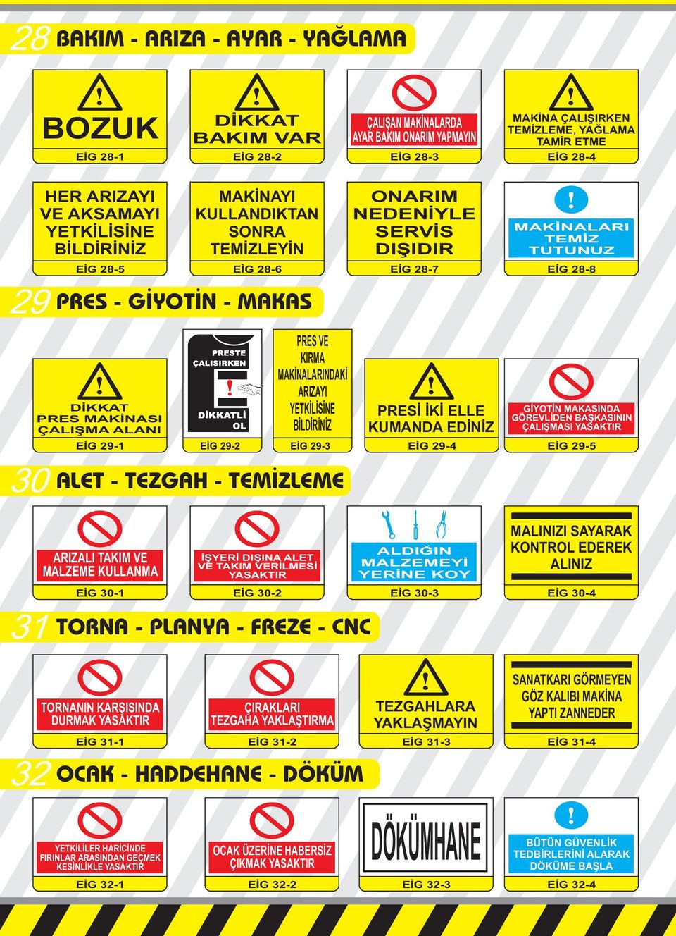 YETKİLİSİNE BİLDİRİNİZ EİG 29-3 ONARIM NEDENİYLE SERVİS DIŞIDIR EİG 28-7 PRESİ İKİ ELLE KUMANDA EDİNİZ EİG 29-4 MAKİNALARI TEMİZ TUTUNUZ EİG 28-8 GİYOTİN MAKASINDA GÖREVLİDEN BAŞKASININ ÇALIŞMASI EİG