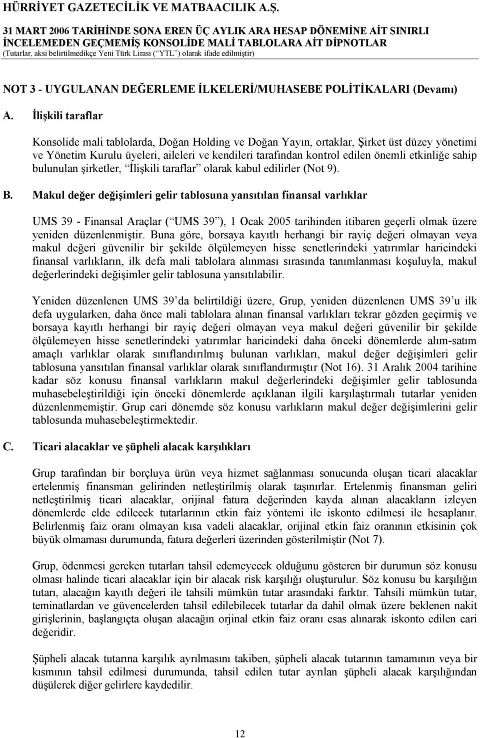 etkinliğe sahip bulunulan şirketler, İlişkili taraflar olarak kabul edilirler (Not 9). B.