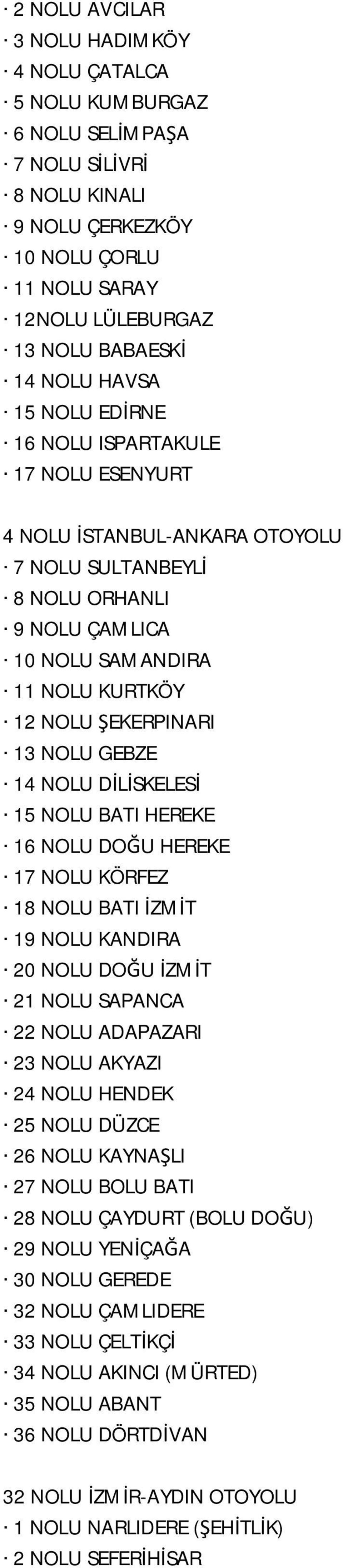 GEBZE 14 NOLU DİLİSKELESİ 15 NOLU BATI HEREKE 16 NOLU DOĞU HEREKE 17 NOLU KÖRFEZ 18 NOLU BATI İZMİT 19 NOLU KANDIRA 20 NOLU DOĞU İZMİT 21 NOLU SAPANCA 22 NOLU ADAPAZARI 23 NOLU AKYAZI 24 NOLU HENDEK