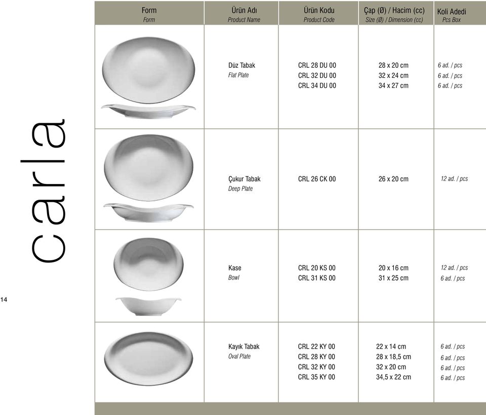 x 20 cm Kase CRL 20 KS 00 20 x 16 cm Bowl CRL 31 KS 00 31 x 25 cm 14 Kayık Tabak CRL 22 KY 00