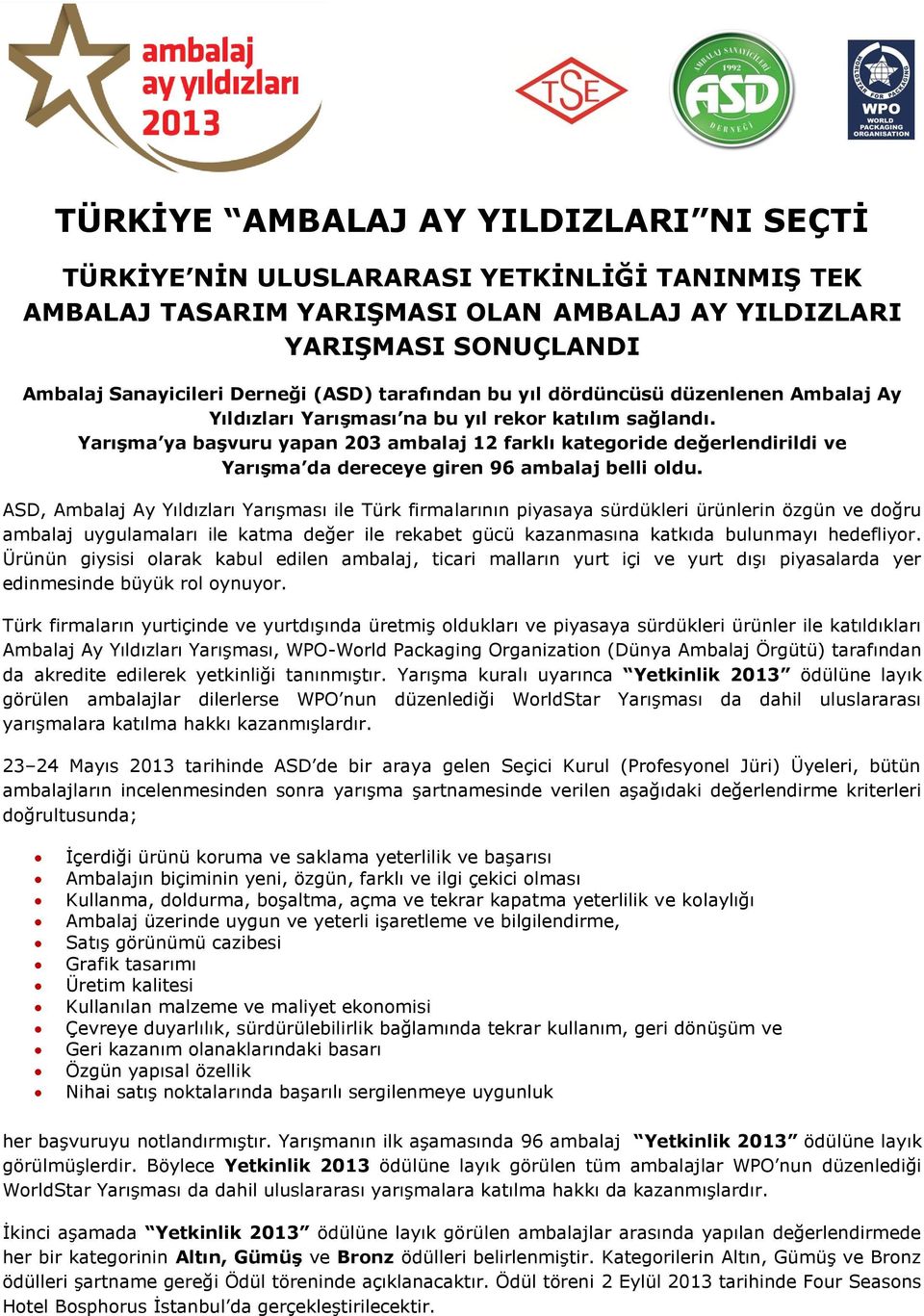 Yarışma ya başvuru yapan 203 ambalaj 12 farklı kategoride değerlendirildi ve Yarışma da dereceye giren 96 ambalaj belli oldu.