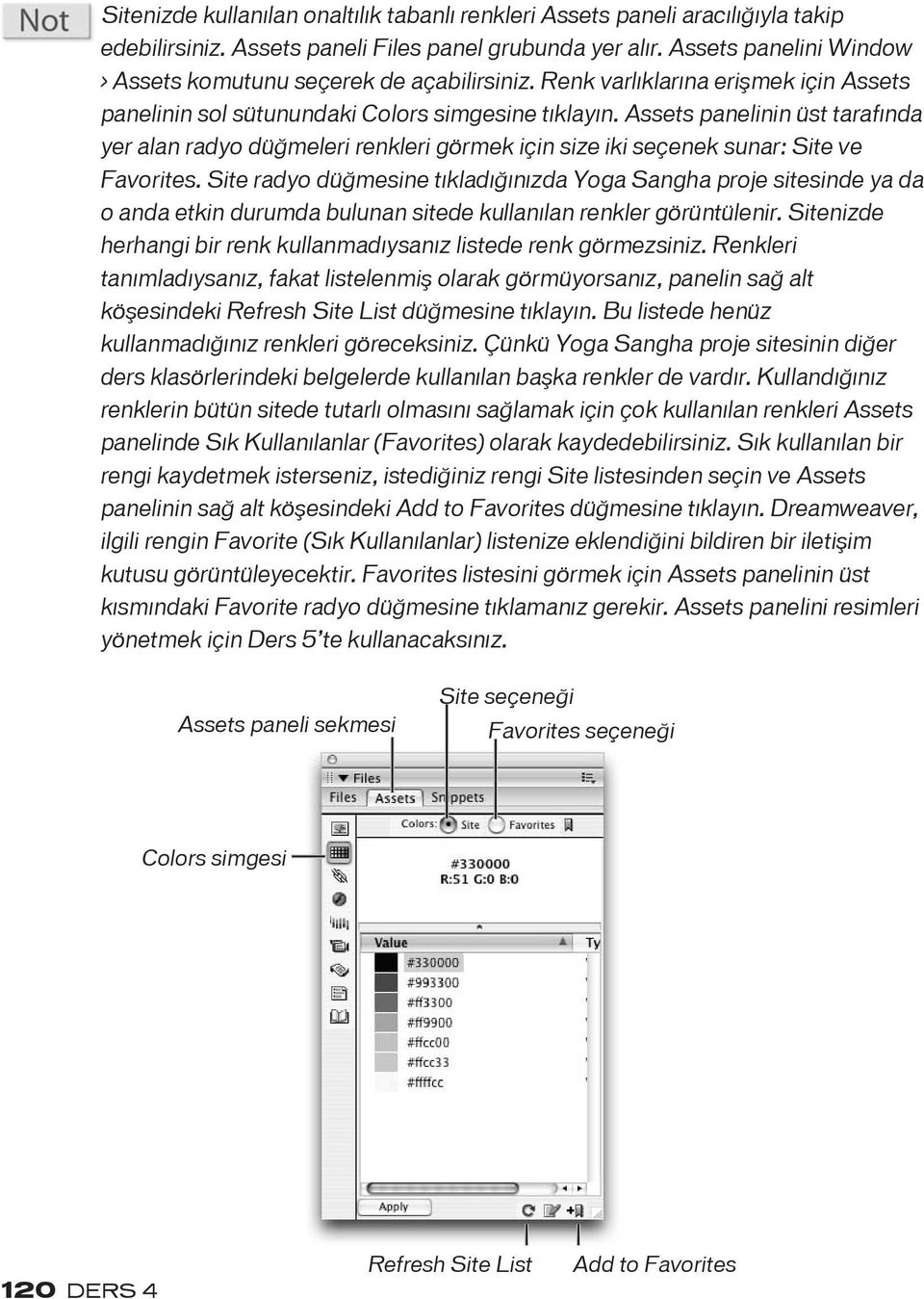 Assets panelinin üst tarafında yer alan radyo düğmeleri renkleri görmek için size iki seçenek sunar: Site ve Favorites.