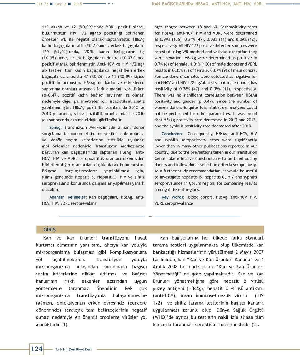 HBsAg kadın bağışçıların altı (%0,7) sında, erkek bağışçıların 130 (%1,01) unda, VDRL kadın bağışçıların üç (%0,35) ünde, erkek bağışçıların dokuz (%0,07) unda pozitif olarak belirlenmiştir.