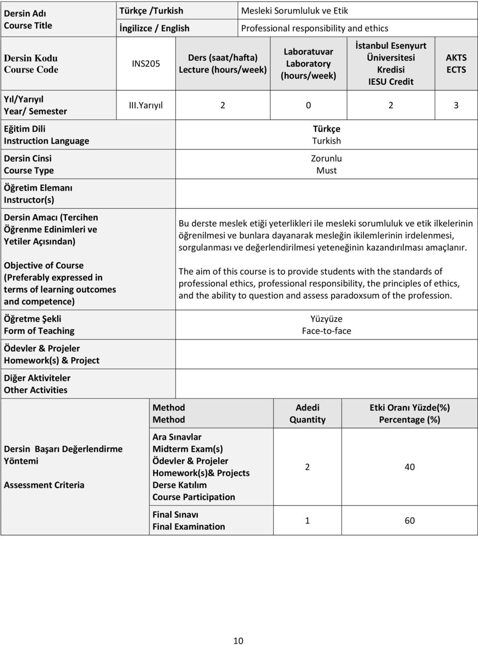 Aktiviteler Other Activities Dersin Başarı Değerlendirme Yöntemi Assessment Criteria Türkçe /Turkish İngilizce / English INS205 Ders (saat/hafta) Lecture (hours/week) Mesleki Sorumluluk ve Etik