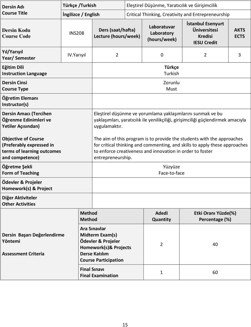 Entrepreneurship Laboratuvar Laboratory (hours/week) İstanbul Esenyurt Üniversitesi Kredisi IESU Credit IV.