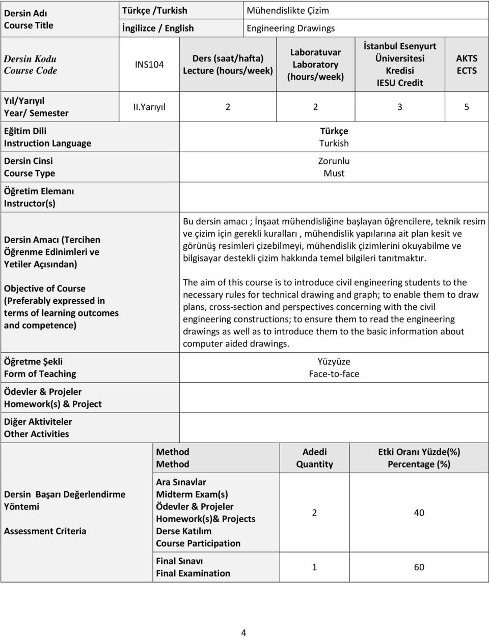 Aktiviteler Other Activities Dersin Başarı Değerlendirme Yöntemi Assessment Criteria Türkçe /Turkish İngilizce / English INS104 Ders (saat/hafta) Lecture (hours/week) Mühendislikte Çizim Engineering