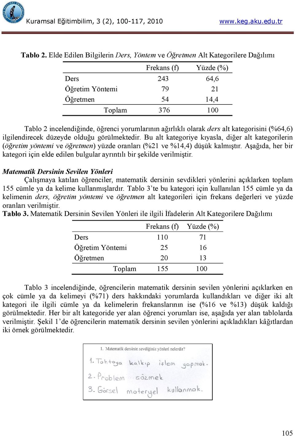 olarak ders alt kategorisini (%64,6) ilgilendirecek düzeyde olduğu görülmektedir.