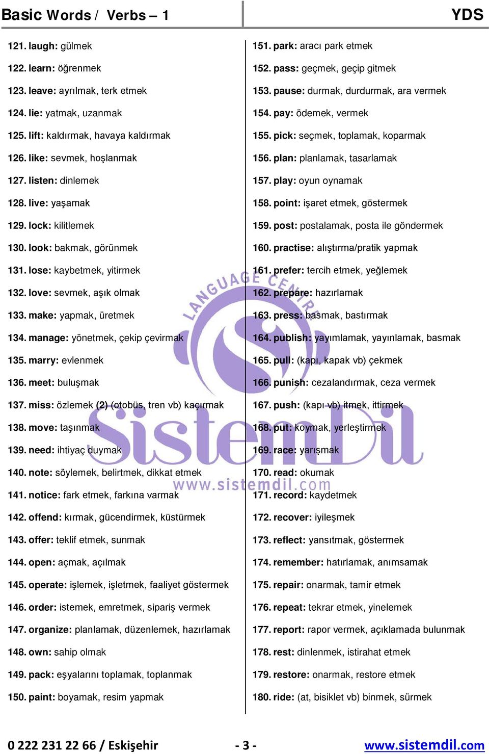 marry: evlenmek 136. meet: buluşmak 137. miss: özlemek (2) (otobüs, tren vb) kaçırmak 138. move: taşınmak 139. need: ihtiyaç duymak 140. note: söylemek, belirtmek, dikkat etmek 141.