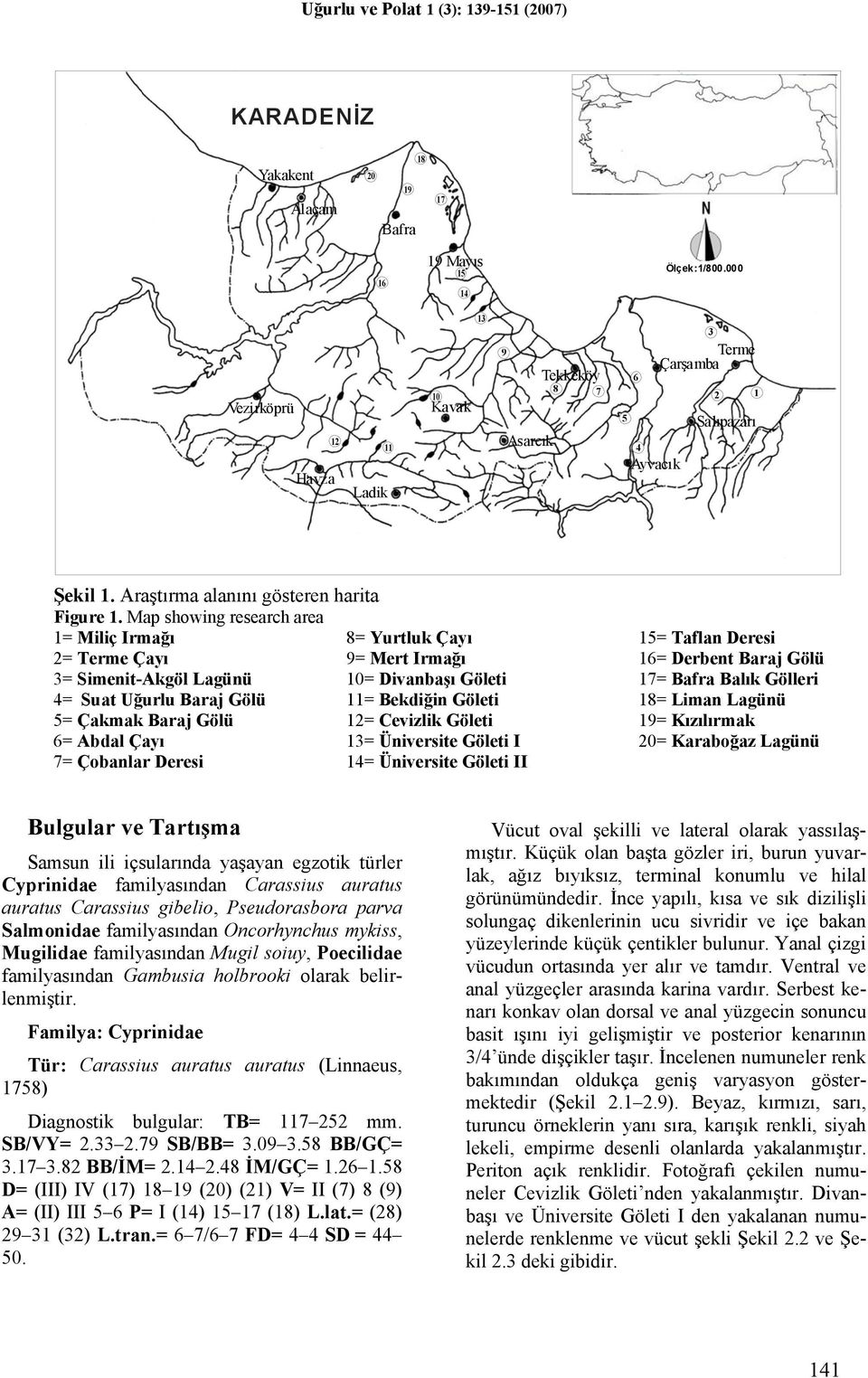 Map showing research area 1= Miliç Irmağı 8= Yurtluk Çayı 2= Terme Çayı 9= Mert Irmağı 3= Simenit-Akgöl Lagünü 10= Divanbaşı Göleti 4= Suat Uğurlu Baraj Gölü 11= Bekdiğin Göleti 5= Çakmak Baraj Gölü