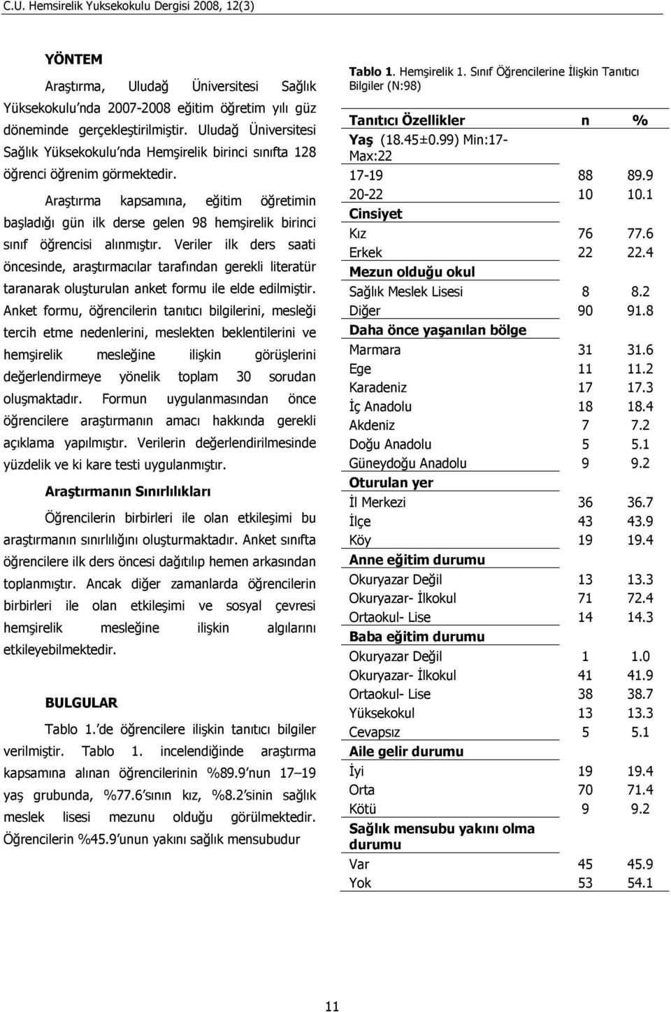 Araştırma kapsamına, eğitim öğretimin başladığı gün ilk derse gelen 98 hemşirelik birinci sınıf öğrencisi alınmıştır.