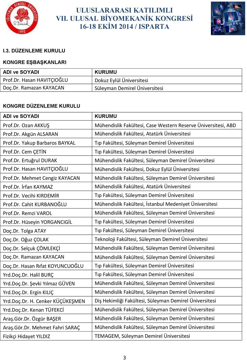 Dr. Cem ÇETİN Tıp Fakültesi, Süleyman Demirel Üniversitesi Prof.Dr. Ertuğrul DURAK Prof.Dr. Hasan HAVITÇIOĞLU Mühendislik Fakültesi, Dokuz Eylül Üniversitesi Prof.Dr. Mehmet Cengiz KAYACAN Prof.Dr. İrfan KAYMAZ Mühendislik Fakültesi, Atatürk Üniversitesi Prof.