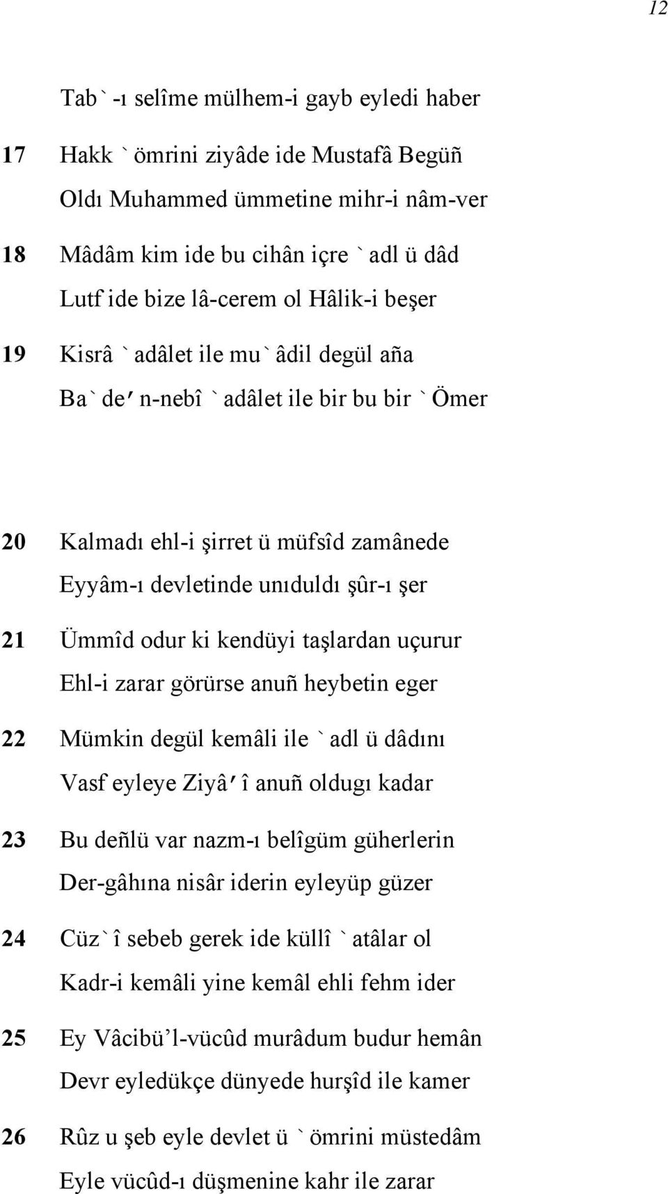 taşlardan uçurur Ehl-i zarar görürse anuñ heybetin eger 22 Mümkin degül kemâli ile `adl ü dâdını Vasf eyleye Ziyâ î anuñ oldugı kadar 23 Bu deñlü var nazm-ı belîgüm güherlerin Der-gâhına nisâr iderin