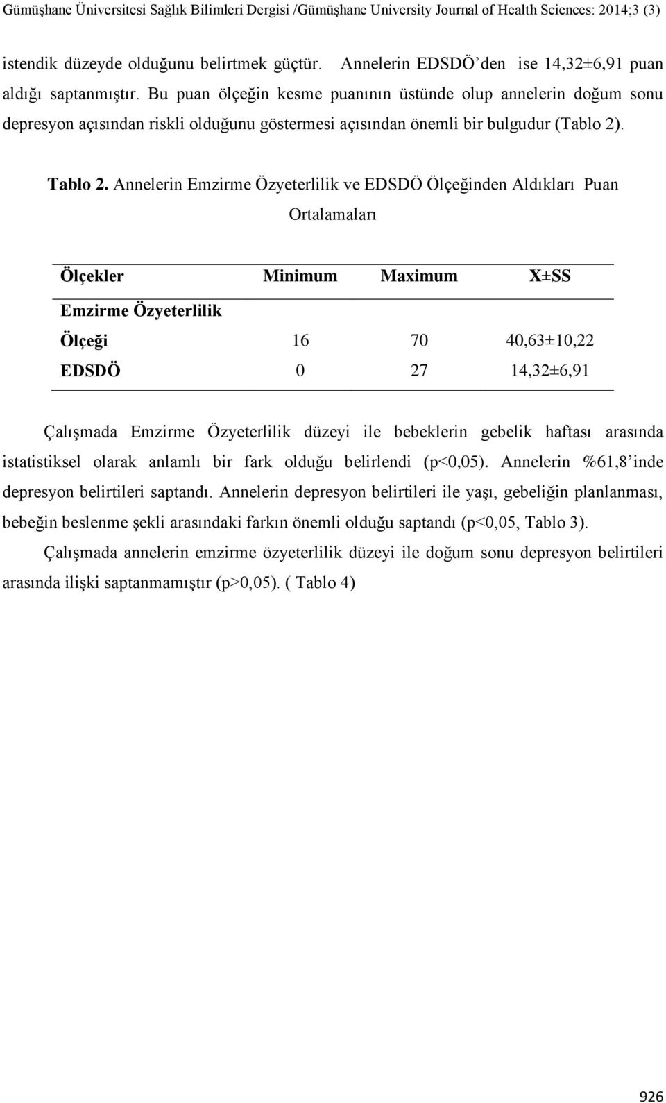 Annelerin Emzirme Özyeterlilik ve EDSDÖ Ölçeğinden Aldıkları Puan Ortalamaları Ölçekler Minimum Maximum X±SS Emzirme Özyeterlilik Ölçeği 16 70 40,63±10,22 EDSDÖ 0 27 14,32±6,91 Çalışmada Emzirme