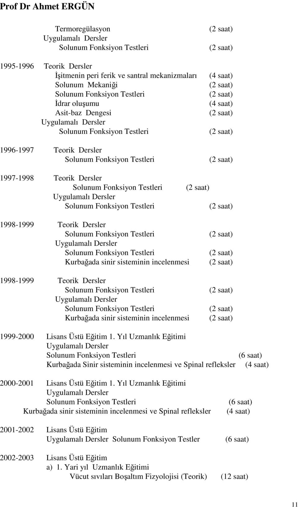 Yıl Uzmanlık Eğitimi Kurbağada Sinir sisteminin incelenmesi ve Spinal refleksler (6 saat) (4 saat) 2000-2001 Lisans Üstü Eğitim 1.