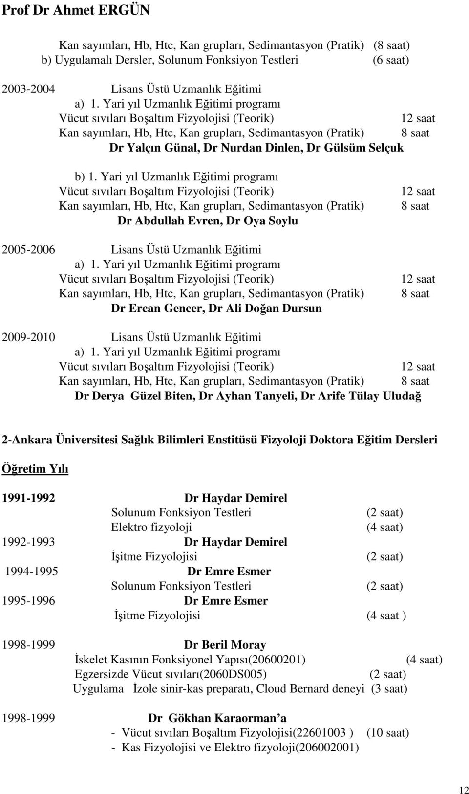 b) 1. Yari yıl Uzmanlık Eğitimi programı Vücut sıvıları Boşaltım Fizyolojisi (Teorik) Kan sayımları, Hb, Htc, Kan grupları, Sedimantasyon (Pratik) Dr Abdullah Evren, Dr Oya Soylu 2005-2006 Lisans