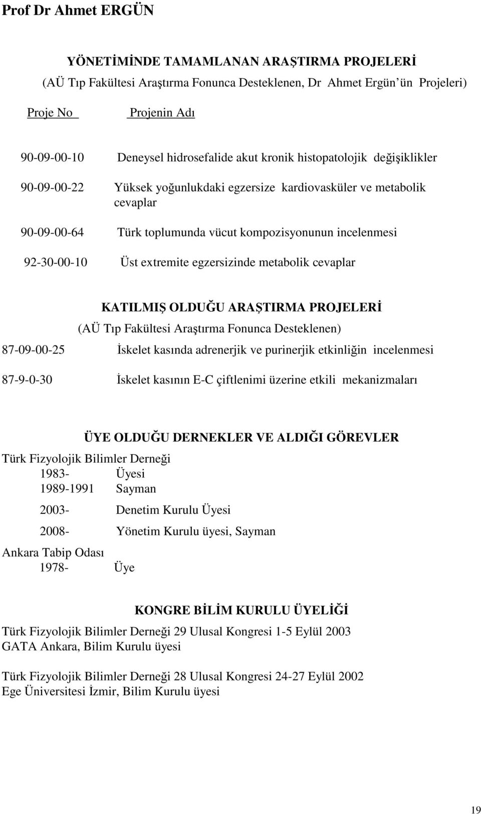 egzersizinde metabolik cevaplar KATILMIŞ OLDUĞU ARAŞTIRMA PROJELERİ (AÜ Tıp Fakültesi Araştırma Fonunca Desteklenen) 87-09-00-25 İskelet kasında adrenerjik ve purinerjik etkinliğin incelenmesi