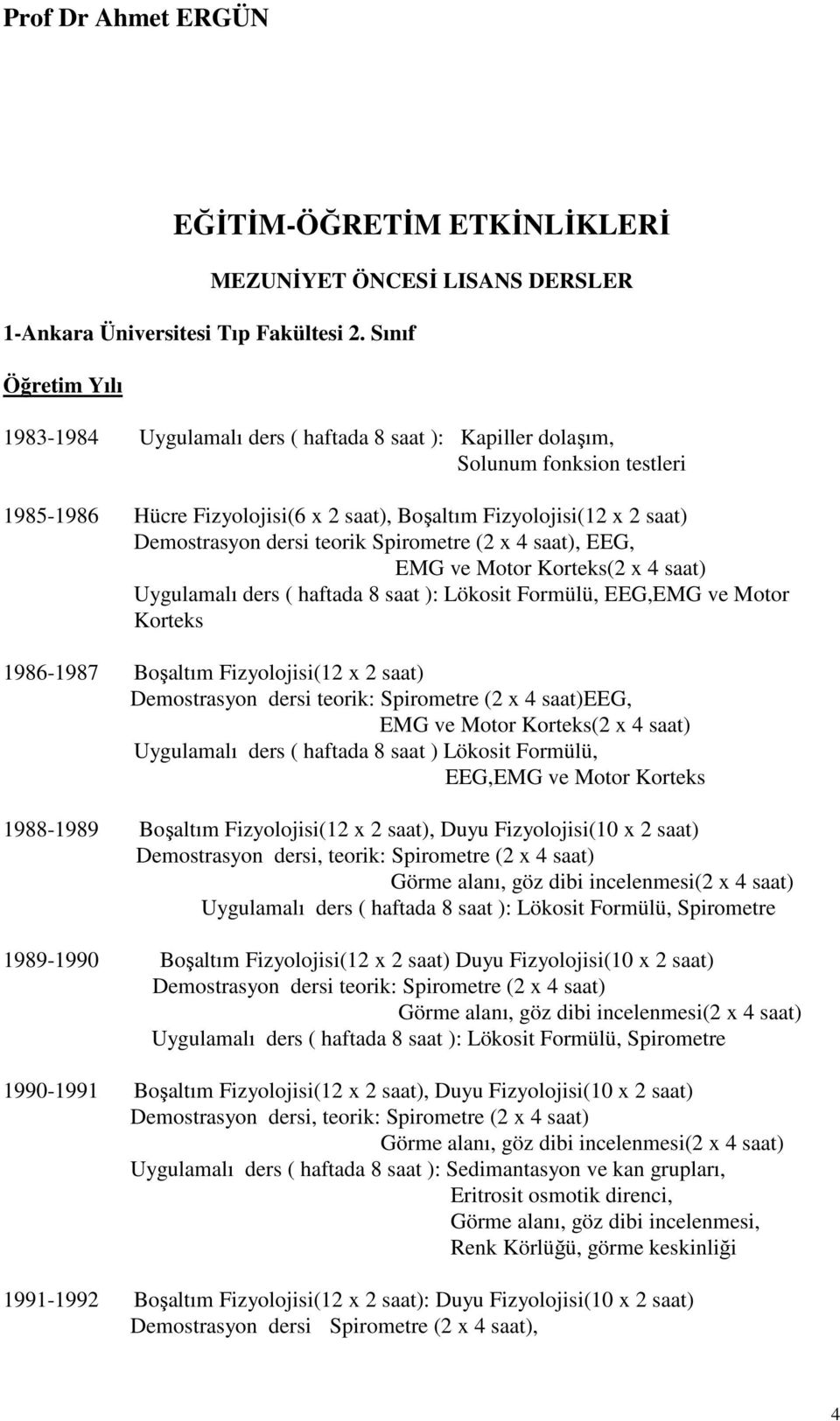 saat) Demostrasyon dersi teorik Spirometre (2 x 4 saat), EEG, EMG ve Motor Korteks(2 x 4 saat) Uygulamalı ders ( haftada 8 saat ): Lökosit Formülü, EEG,EMG ve Motor Korteks 1986-1987 Boşaltım