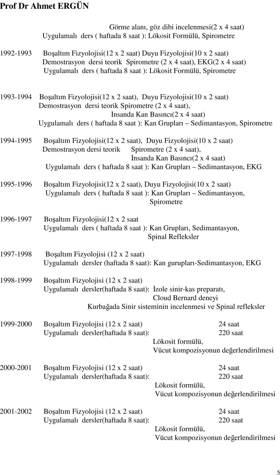 Demostrasyon dersi teorik Spirometre (2 x 4 saat), İnsanda Kan Basıncı(2 x 4 saat) Uygulamalı ders ( haftada 8 saat ): Kan Grupları Sedimantasyon, Spirometre 1994-1995 Boşaltım Fizyolojisi(12 x 2